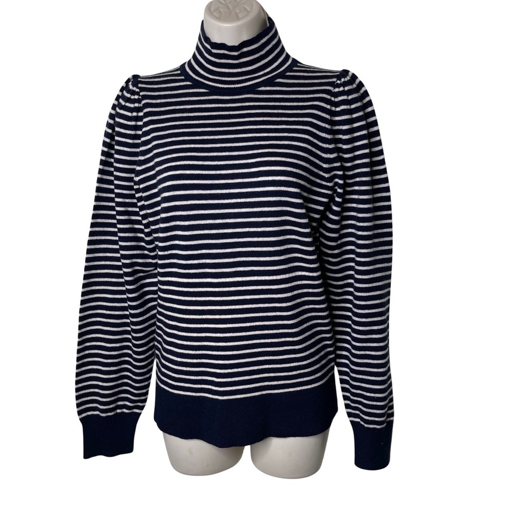 La Vie Rebecca Taylor lambswool blend turtleneck navy stripes puff sleeves sz M